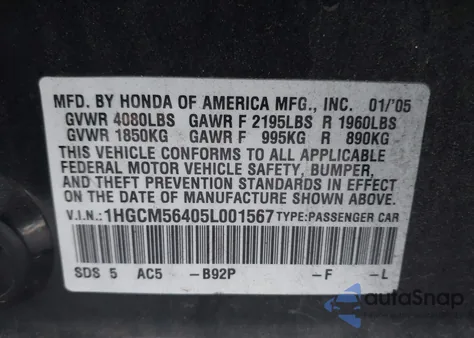 2005 Honda Accord 2.4 Lx from USA, damaged, VIN 1HGCM56405L001567